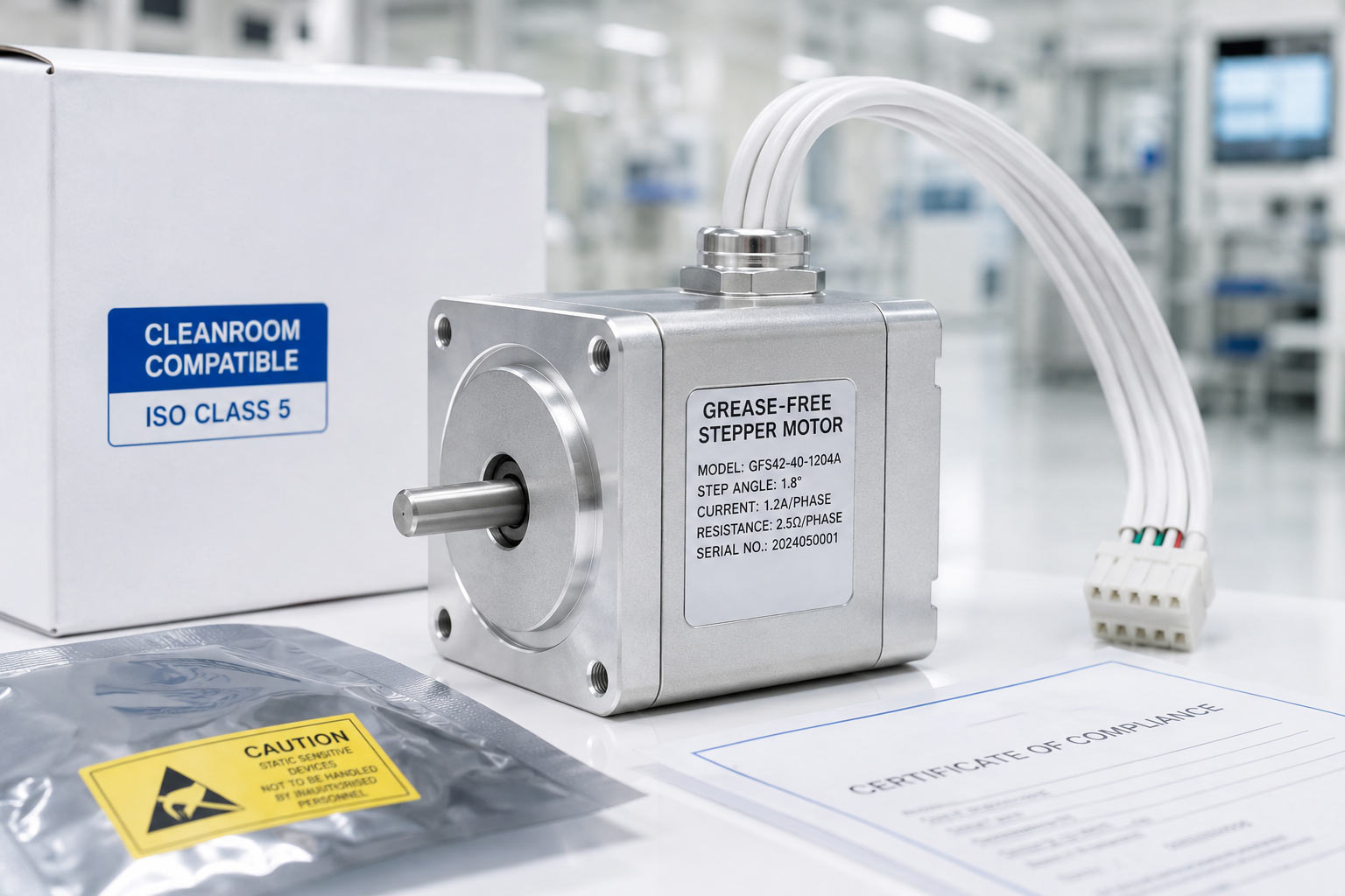 Grease-free cleanroom stepper motor with PTFE cable and anodized aluminum housing for semiconductor equipment