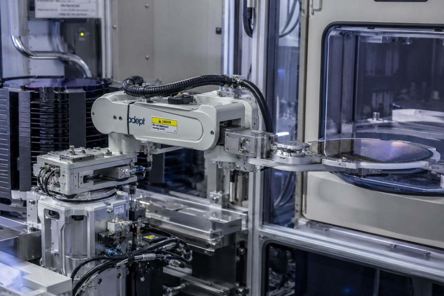 Semiconductor wafer handling robotic arm driven by precision stepper motor automation system