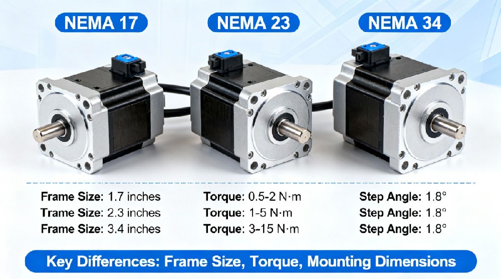 NEMA 17 vs NEMA 23 vs NEMA 34 Stepper Motors: 7 Key Differences & Applications
