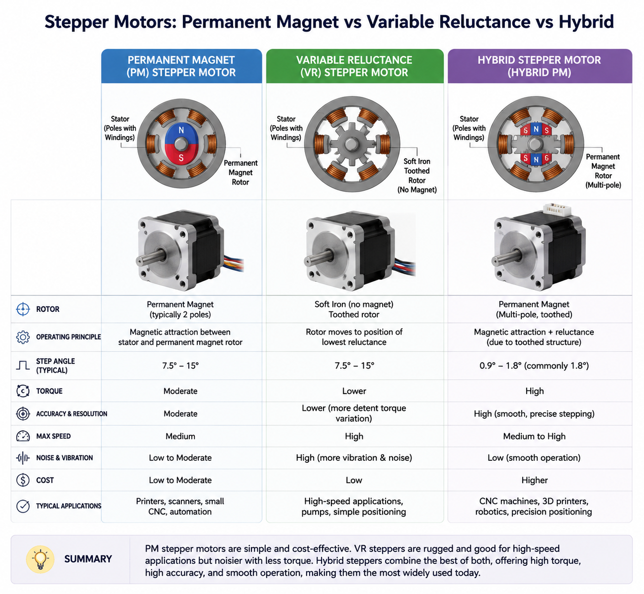 types of stepper motors: permanent magnet vs variable reluctance vs hybrid