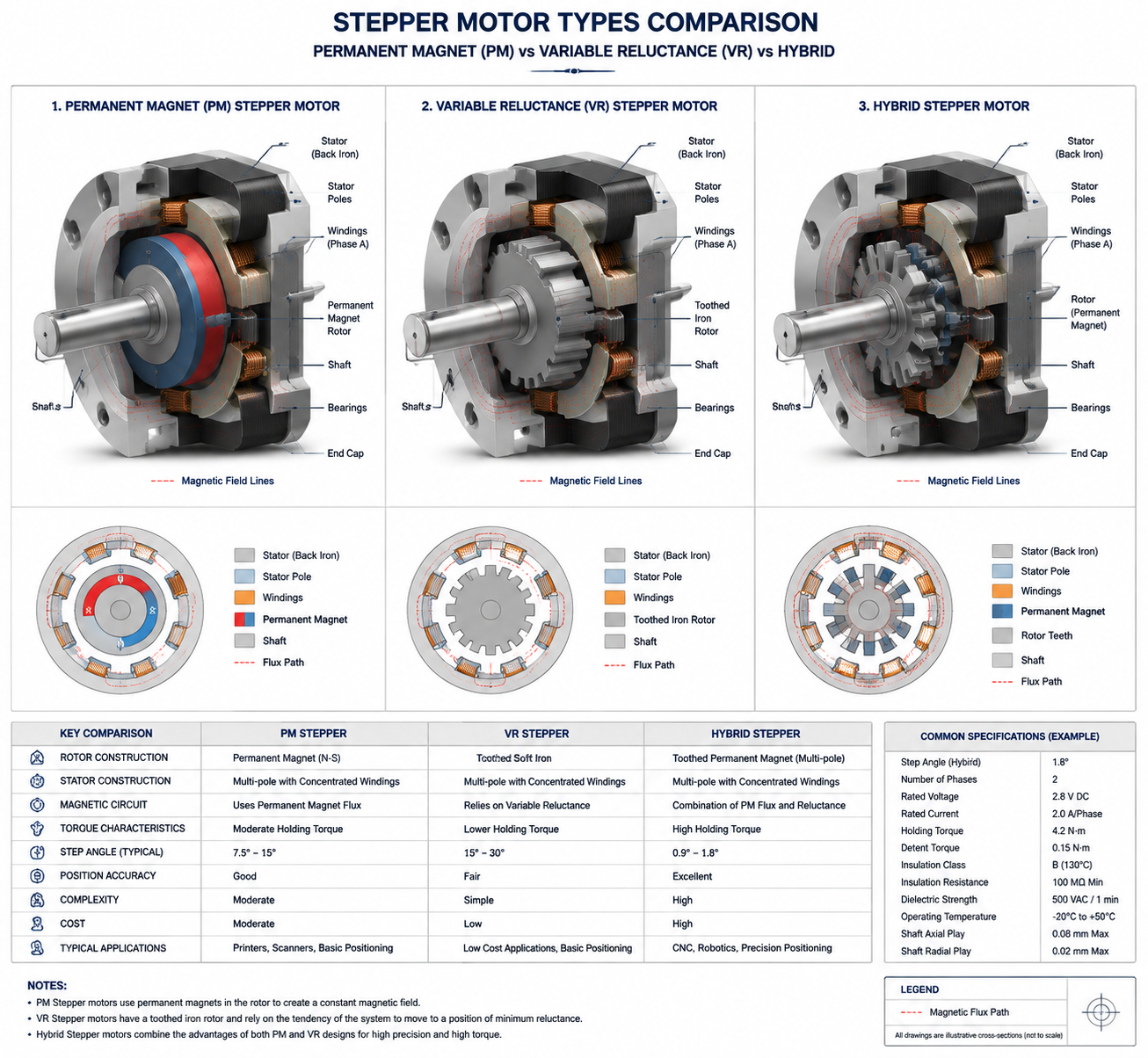 PM vs VR vs Hybrid stepper motor comparison diagram showing internal structure and working principle for industrial automation systems