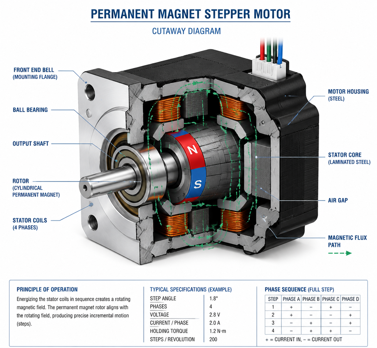 Permanent magnet stepper motor structure showing rotor, stator coils and magnetic field alignment for industrial motion control applications