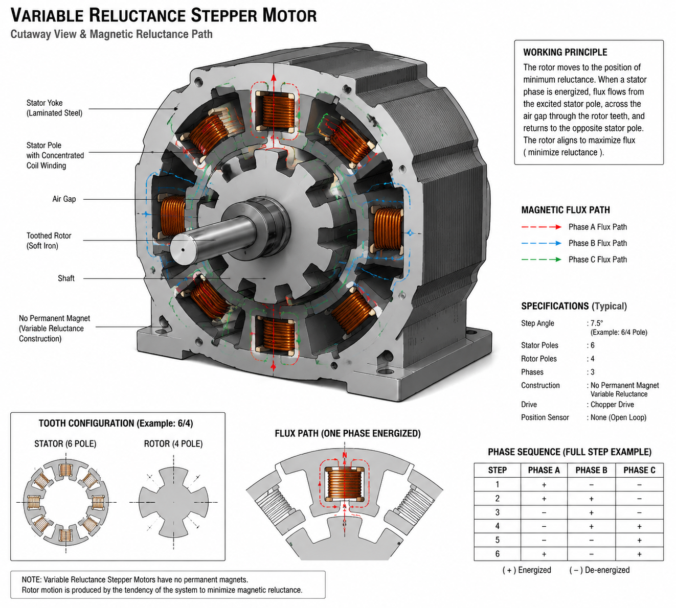 Variable reluctance stepper motor structure with toothed rotor and electromagnetic stator for high speed positioning systems