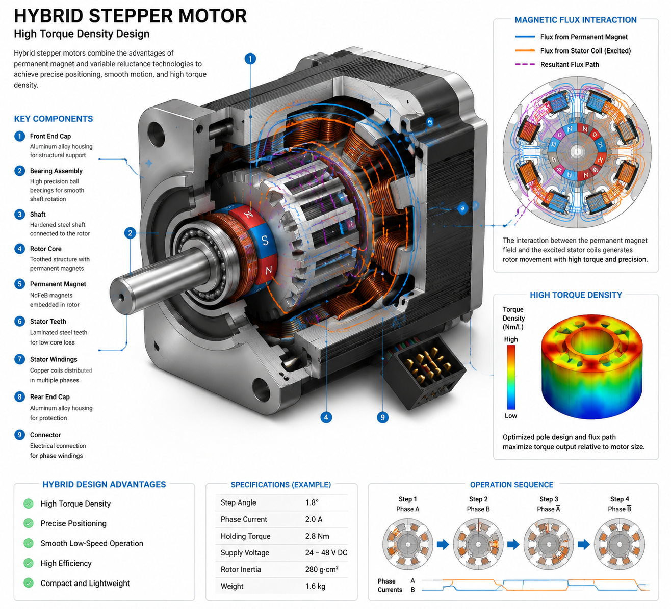 Hybrid stepper motor internal structure showing permanent magnet rotor and toothed stator for high torque CNC and robotics applications