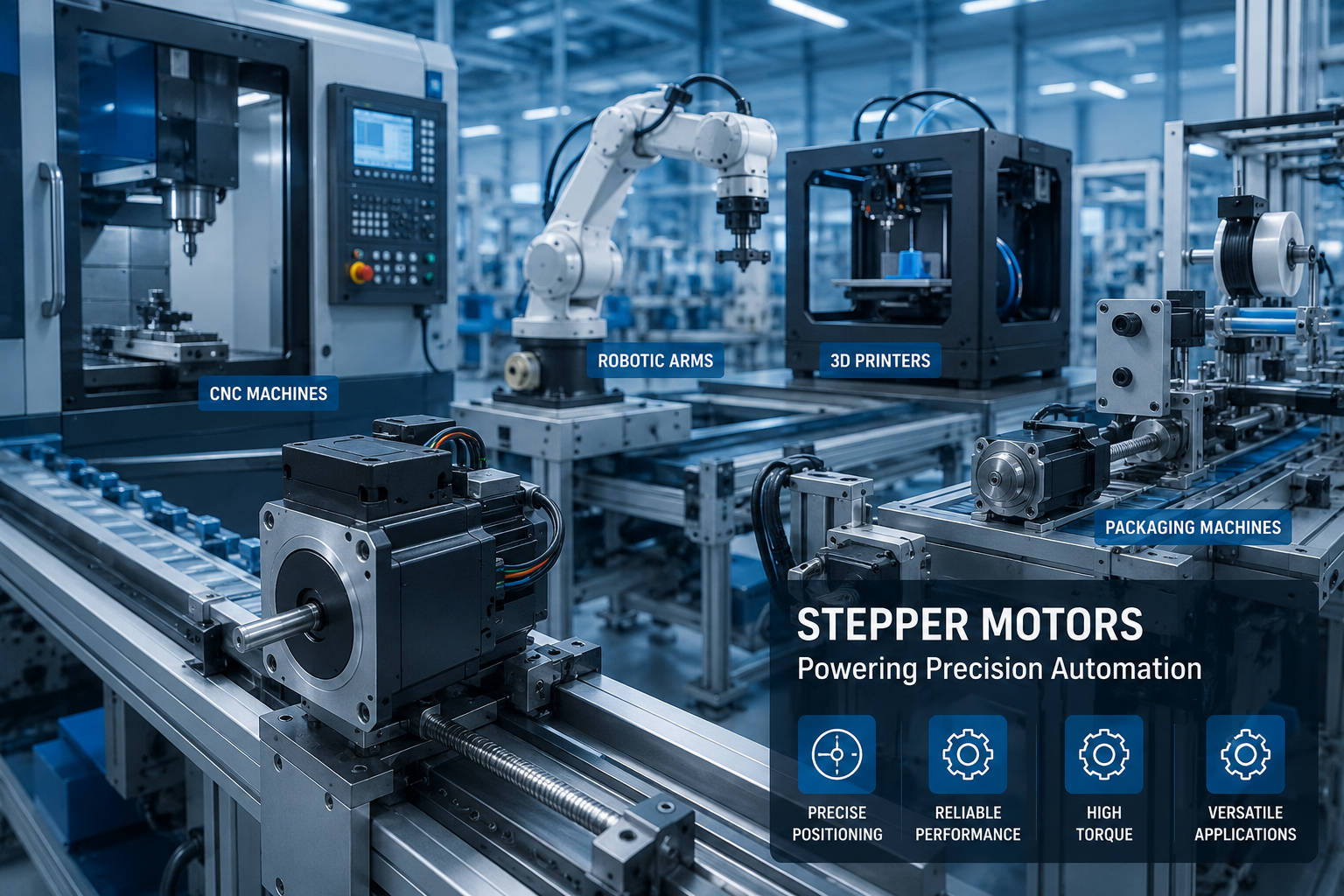 Stepper motors used in CNC machines robotics and automation systems in modern industrial manufacturing factory environment
