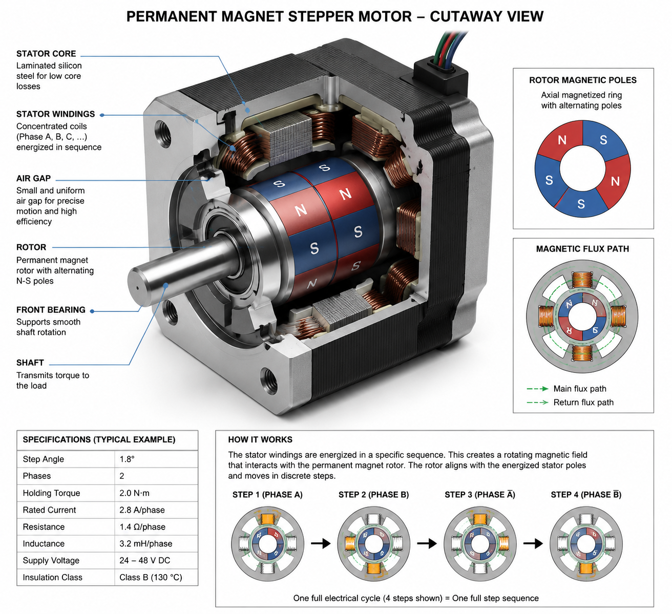 Hybrid stepper motor internal structure with toothed rotor permanent magnet and stator winding configuration, high torque industrial motor engineering diagram
