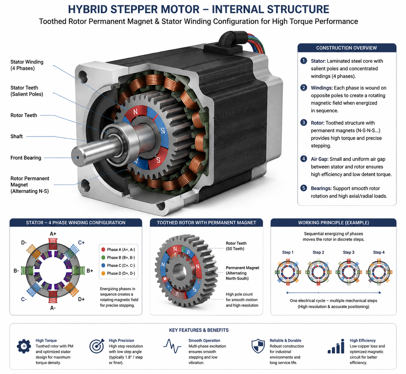 Hybrid stepper motor internal structure with toothed rotor permanent magnet and stator winding configuration, high torque industrial motor engineering diagram