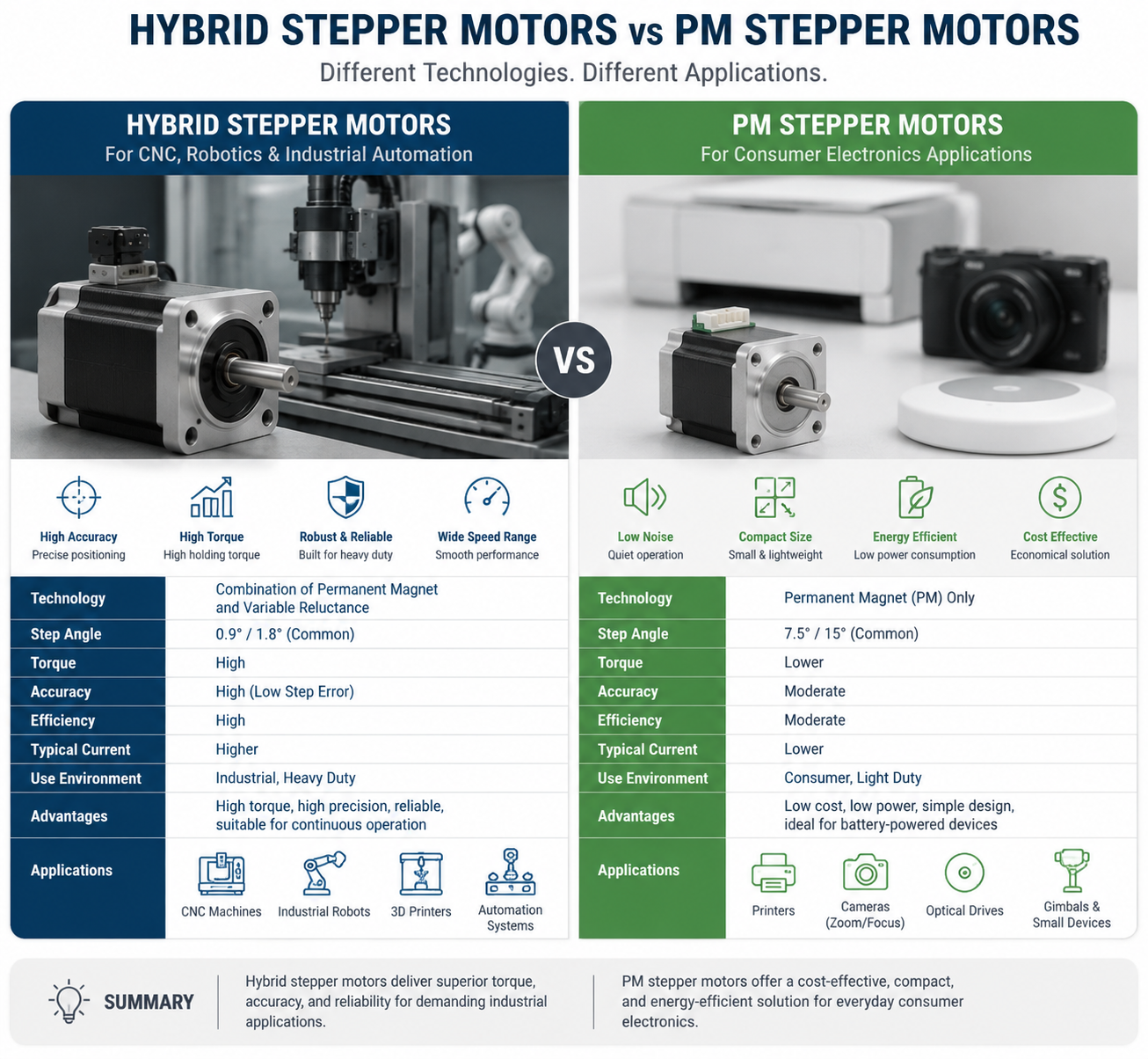 Hybrid stepper motors used in CNC robotics and industrial automation systems compared with PM stepper motors in consumer electronics applications