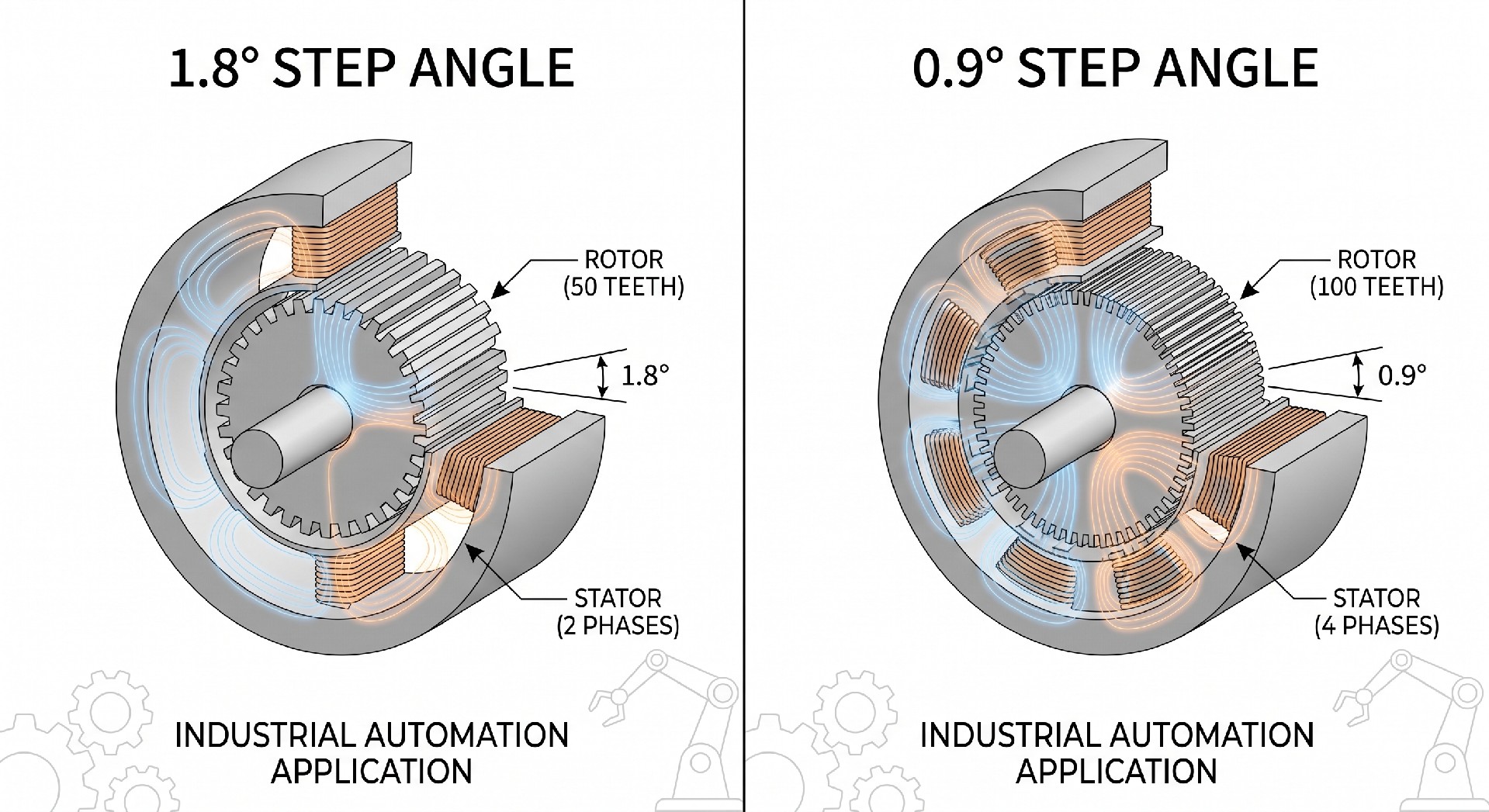 Step angle comparison in stepper motor showing 1.8 degree and 0.9 degree resolution movement
