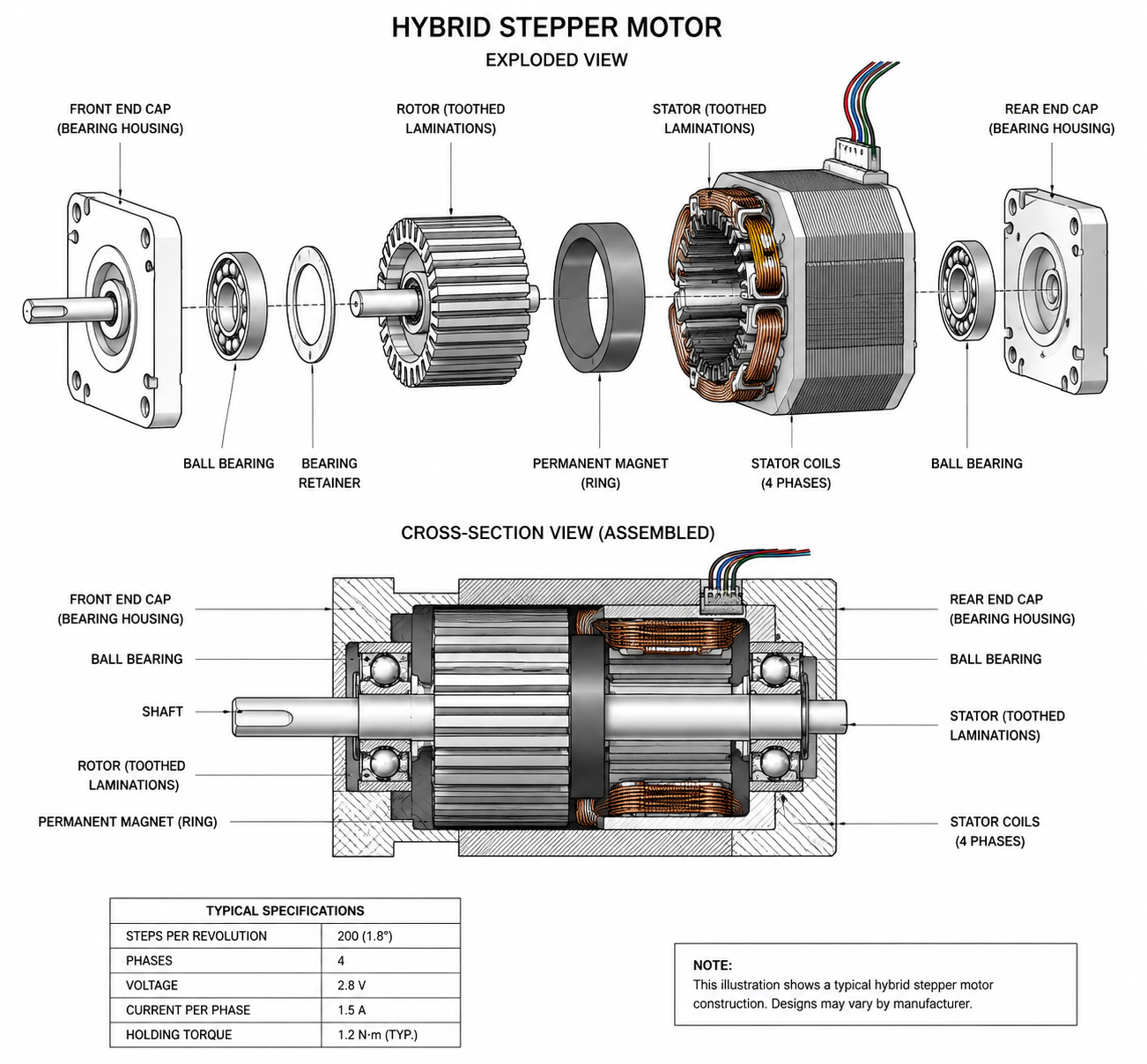 Cutaway view of a hybrid stepper motor showing rotor teeth stator windings and permanent magnet construction