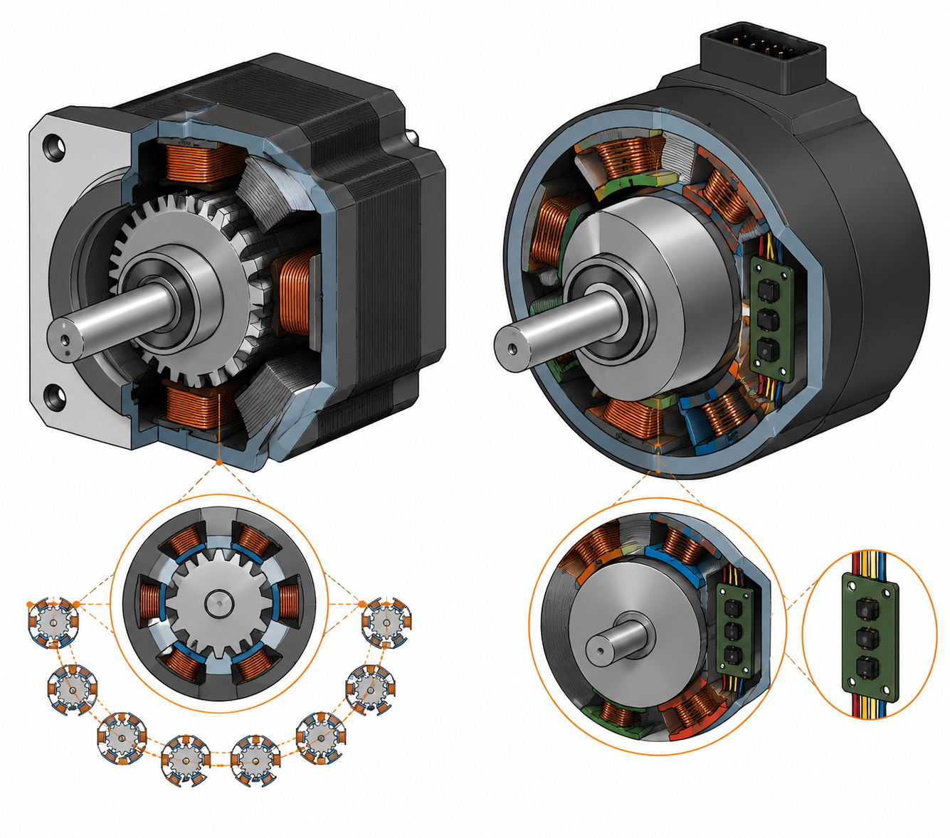 Cutaway comparison diagram of a hybrid stepper motor and a BLDC motor showing internal rotor and stator structures