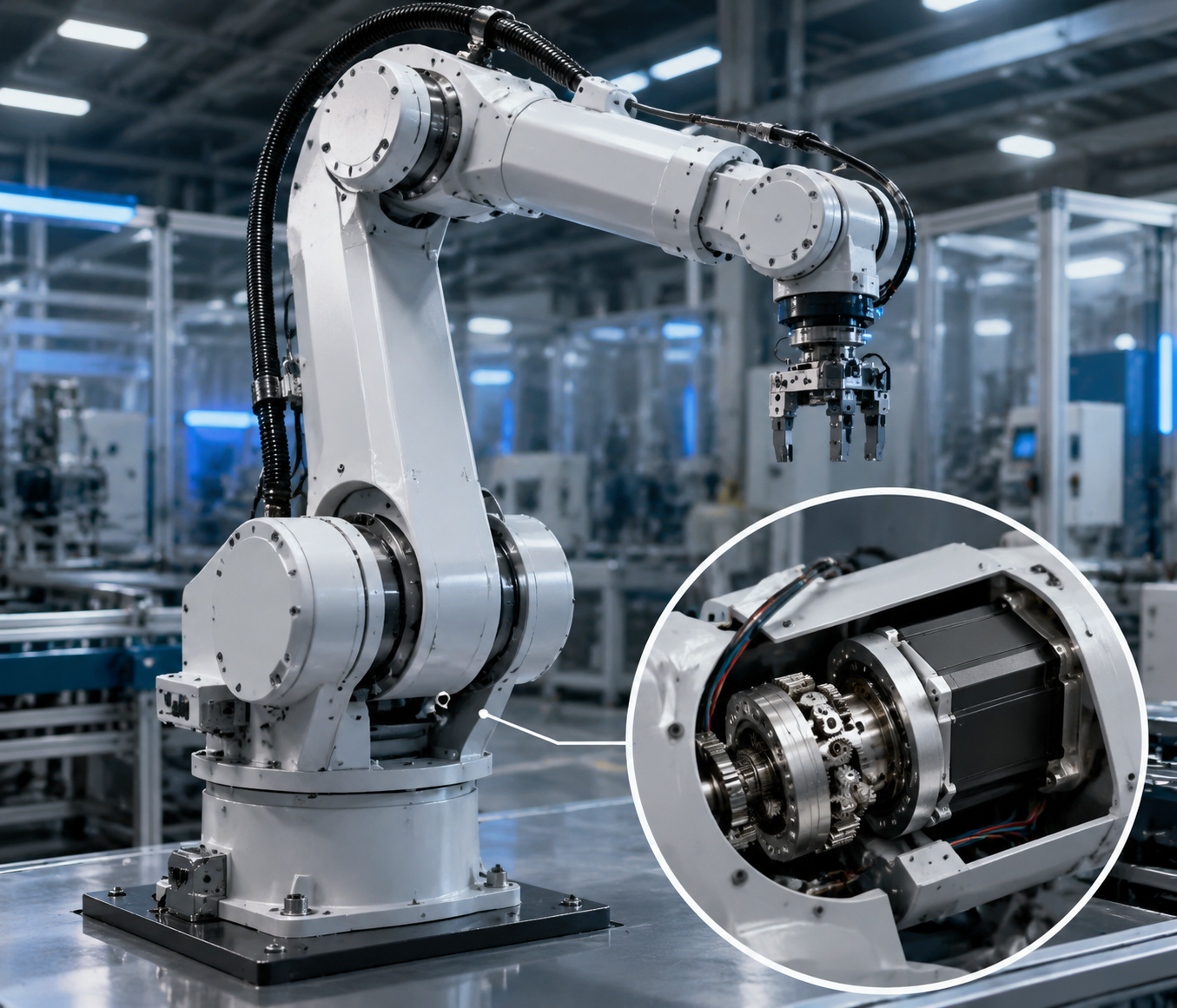Planetary geared stepper motor installed in industrial robotic arm joint application
