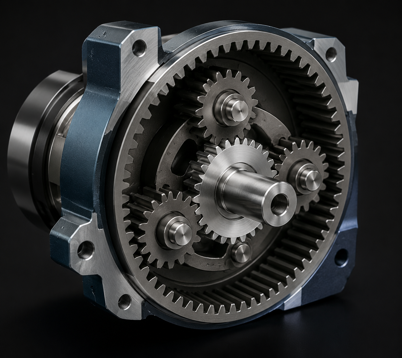 Cutaway diagram showing internal planetary gear mechanism with sun gear, planet gears, and ring gear