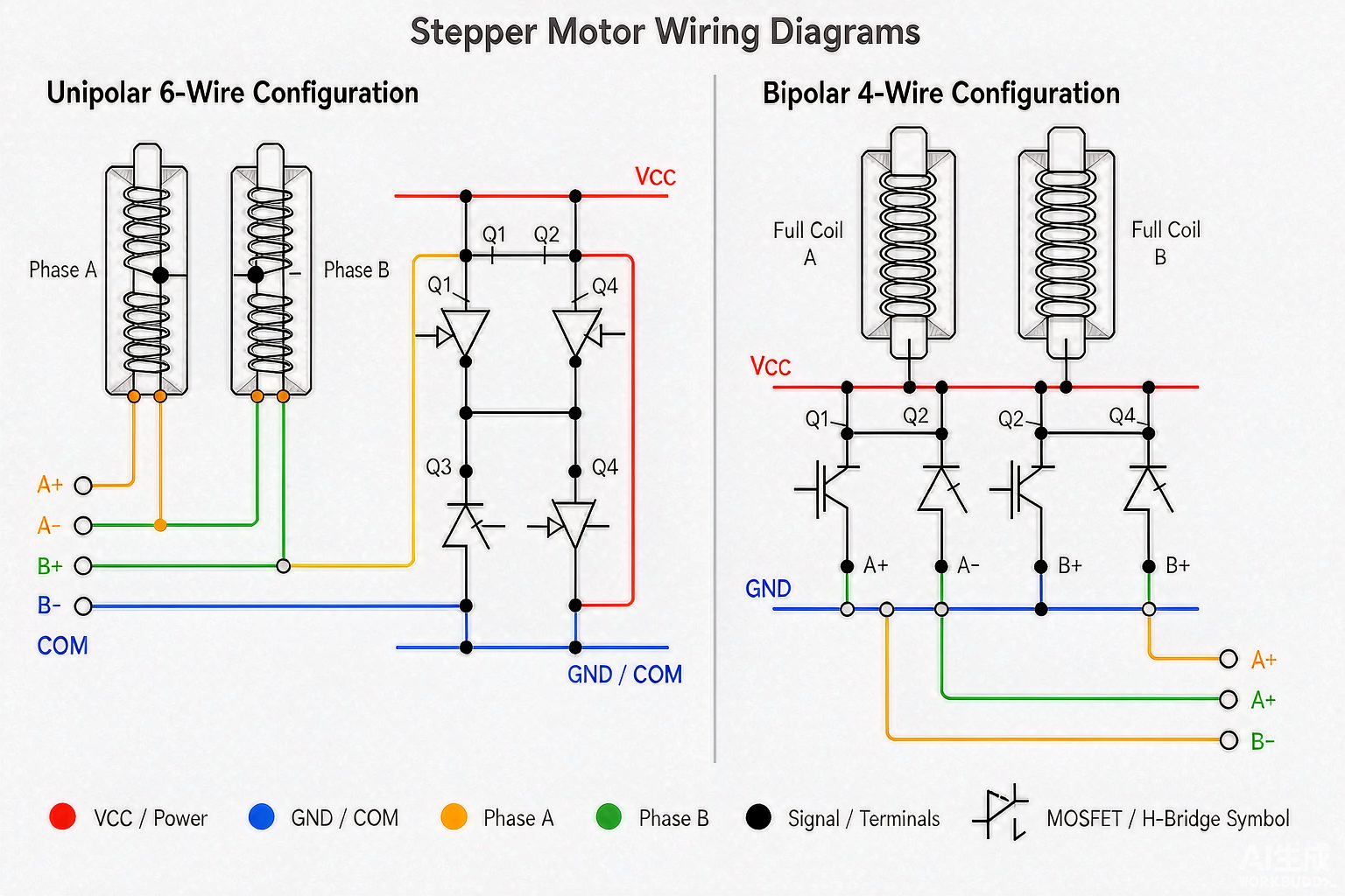 Stepper motor wiring diagram contrasting unipolar stepper motor 6-wire and bipolar stepper motor 4-wire connection schemes.