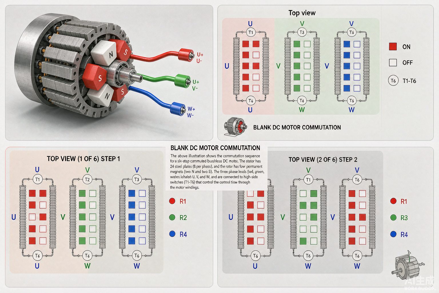 Brushless DC motor commutation sequence showing three-phase winding states and rotor magnet positions for precise BLDC control