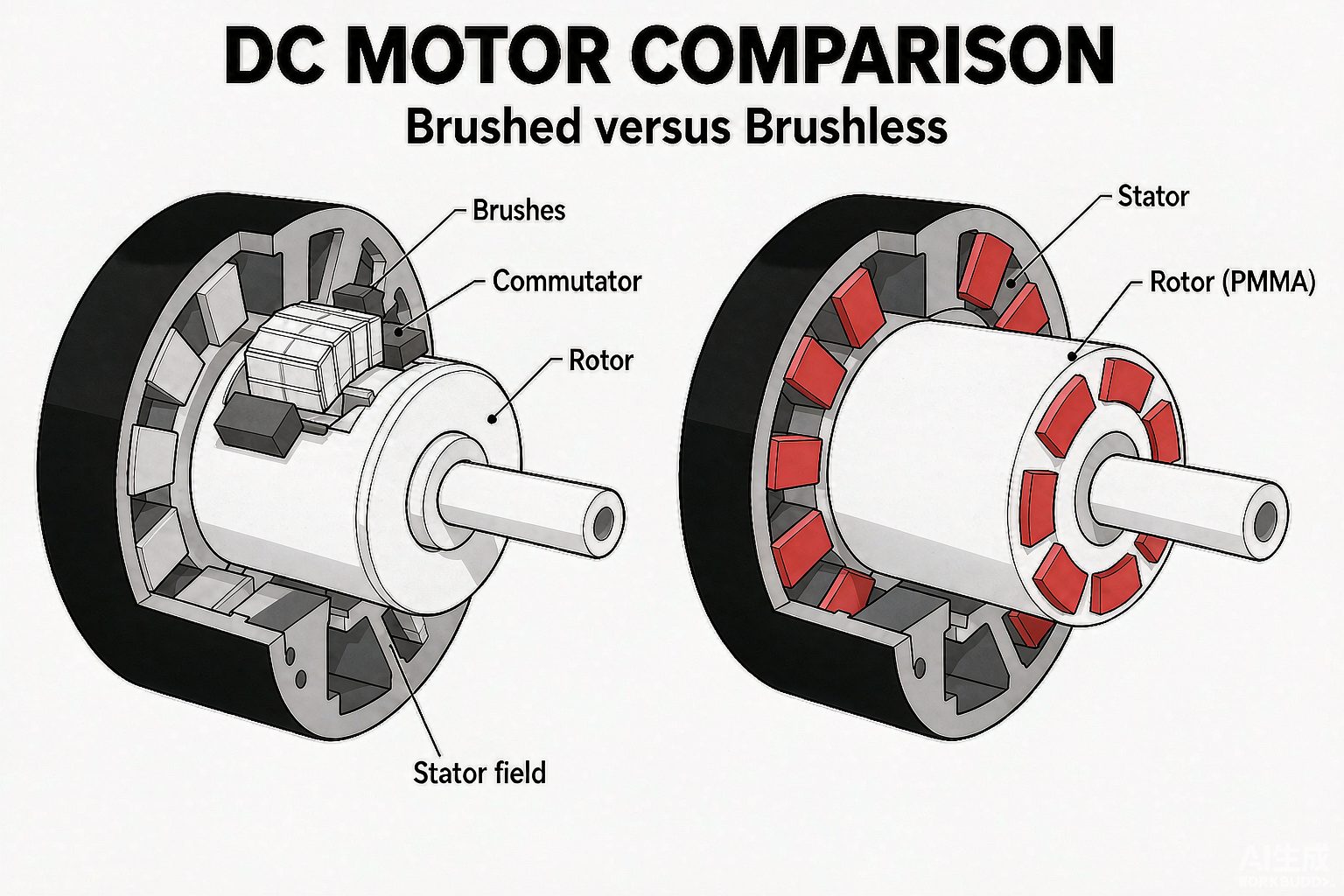 Cutaway comparison highlighting internal differences between brushed and brushless DC motor designs