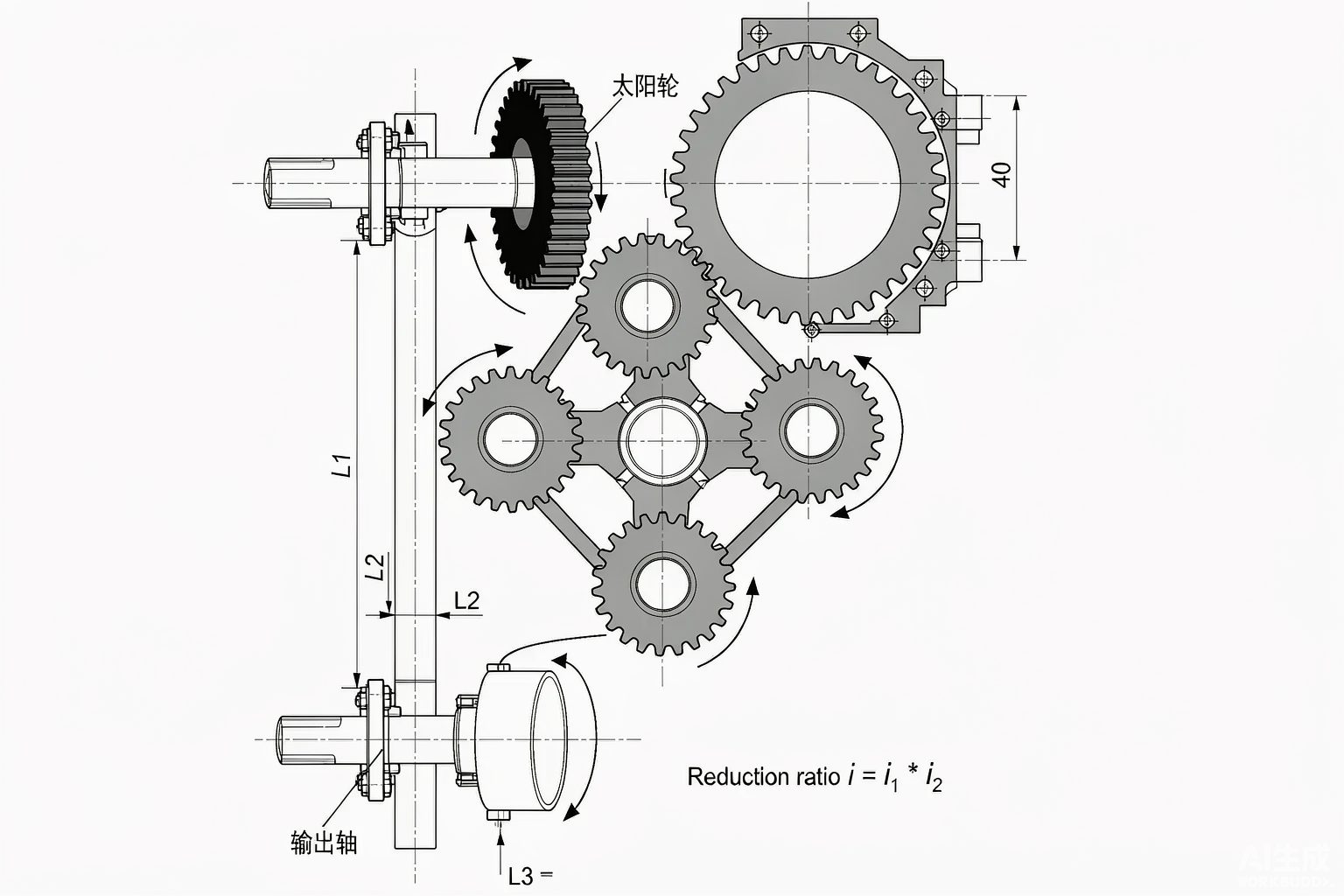 Schematic showing planetary gear reduction principle with input/output shafts, carrier, and staged gear rotation for precision motion control