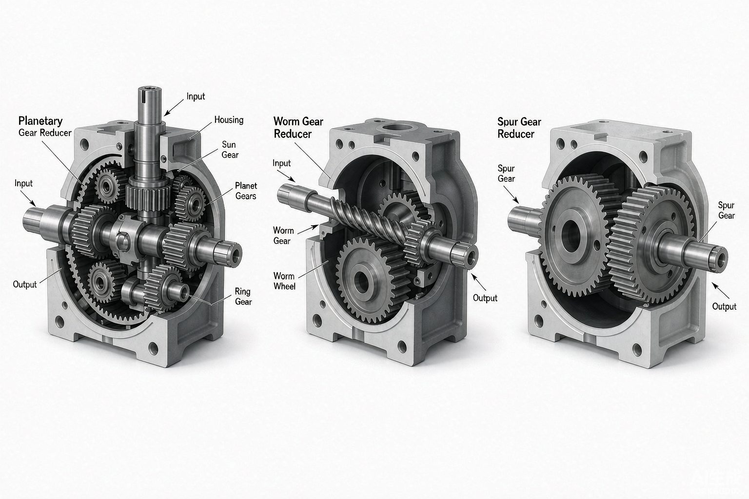 Side-by-side cross-sections comparing planetary, worm, and spur gear reducer architectures and internal component layouts
