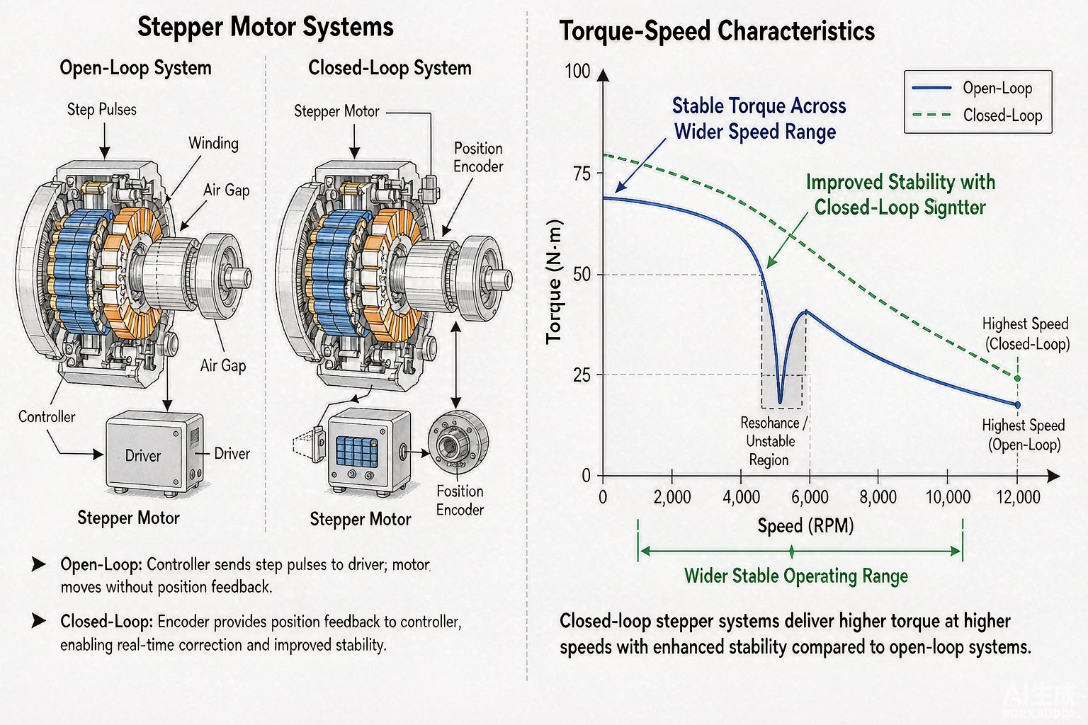 Torque-speed curve comparison showing how closed-loop stepper motor maintains performance where open-loop stepper motor loses torque.
