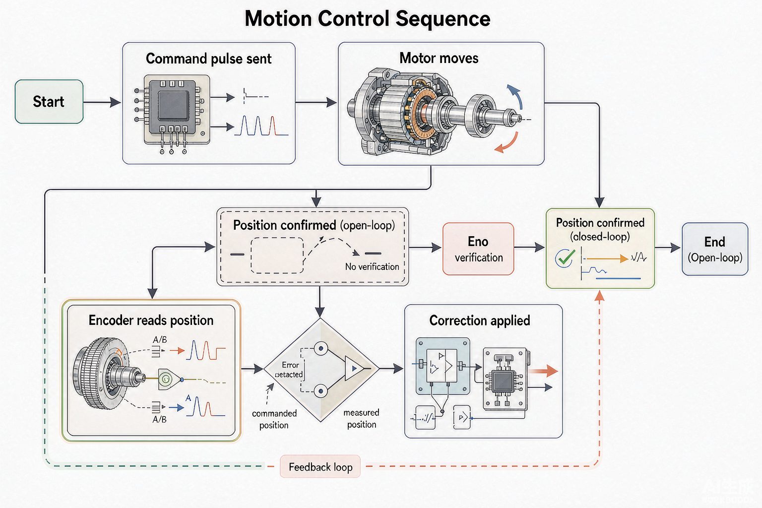Process flow showing how closed-loop stepper motor feedback detects and corrects missed steps in real time.