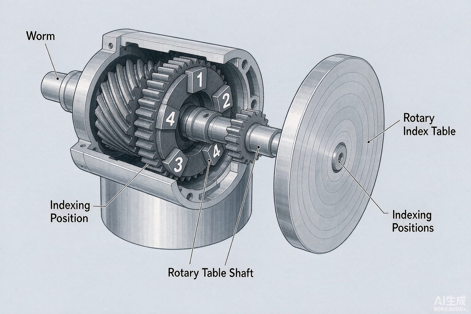 Schematic of a rotary index table mechanism showing worm gear drive and discrete indexing positions for precise motion control
