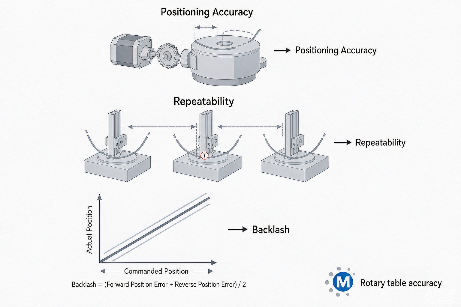 Diagram comparing rotary table positioning accuracy, repeatability, and backlash to clarify performance specifications