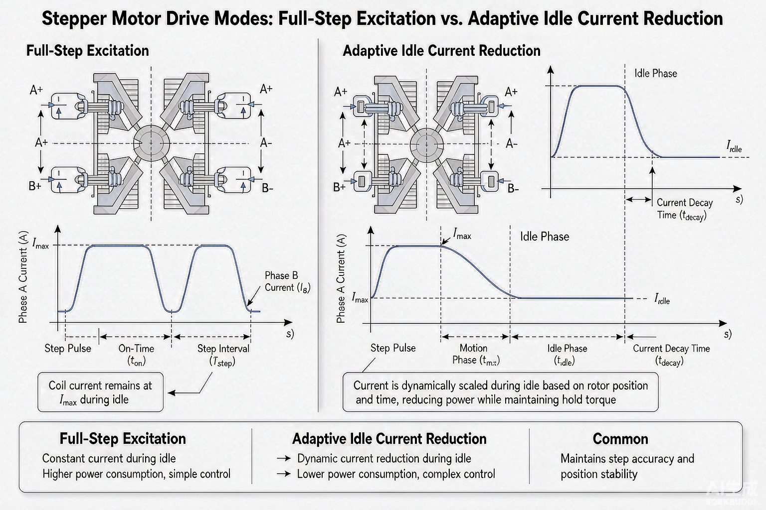 Side-by-side diagram demonstrating idle current reduction to mitigate stepper motor overheating in holding applications.