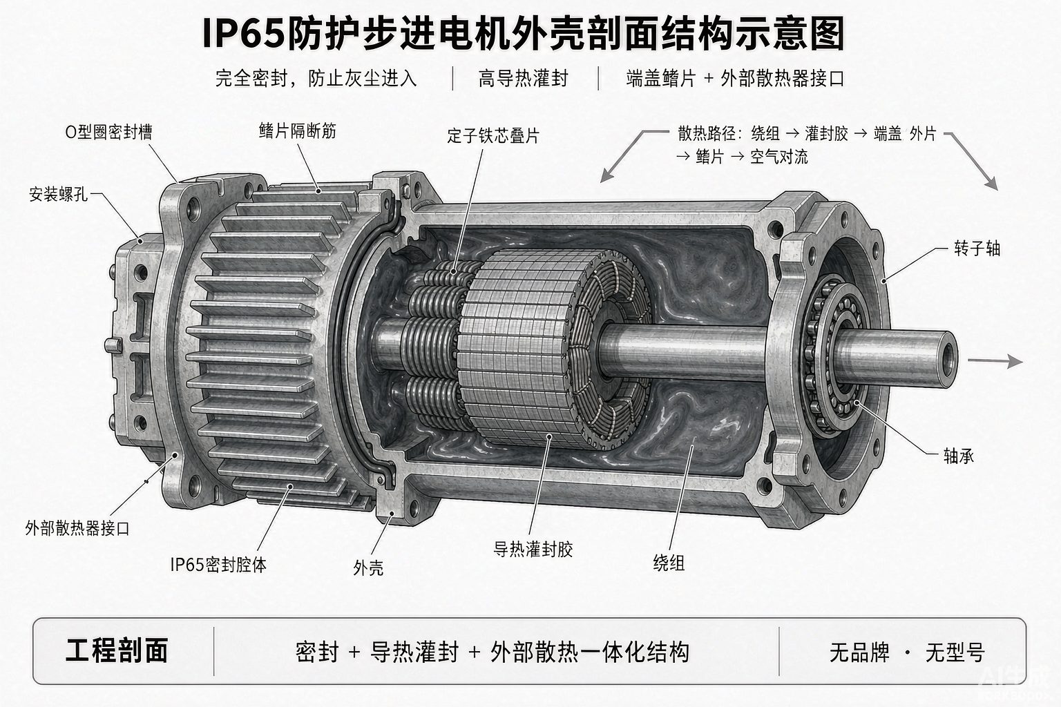 Cross-section showing integrated thermal design features in a waterproof stepper motor for reliable closed-loop stepper motor cooling.