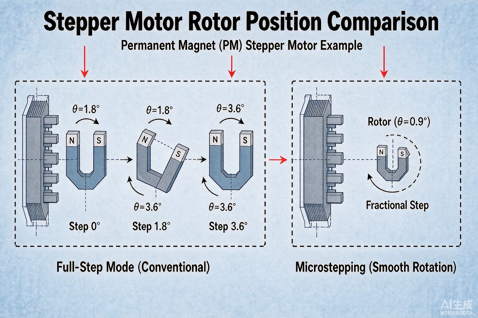 Diagram comparing full-step and microstepping rotor positions, illustrating how microstepping increases effective step angle resolution