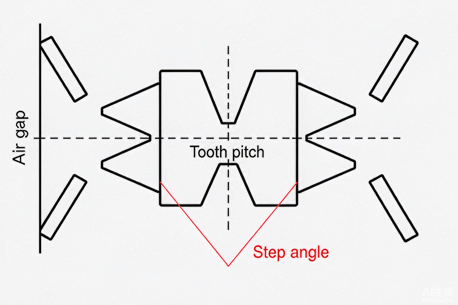 Cross-section of a stepper motor rotor showing tooth pitch and air gap geometry affecting step angle and torque consistency