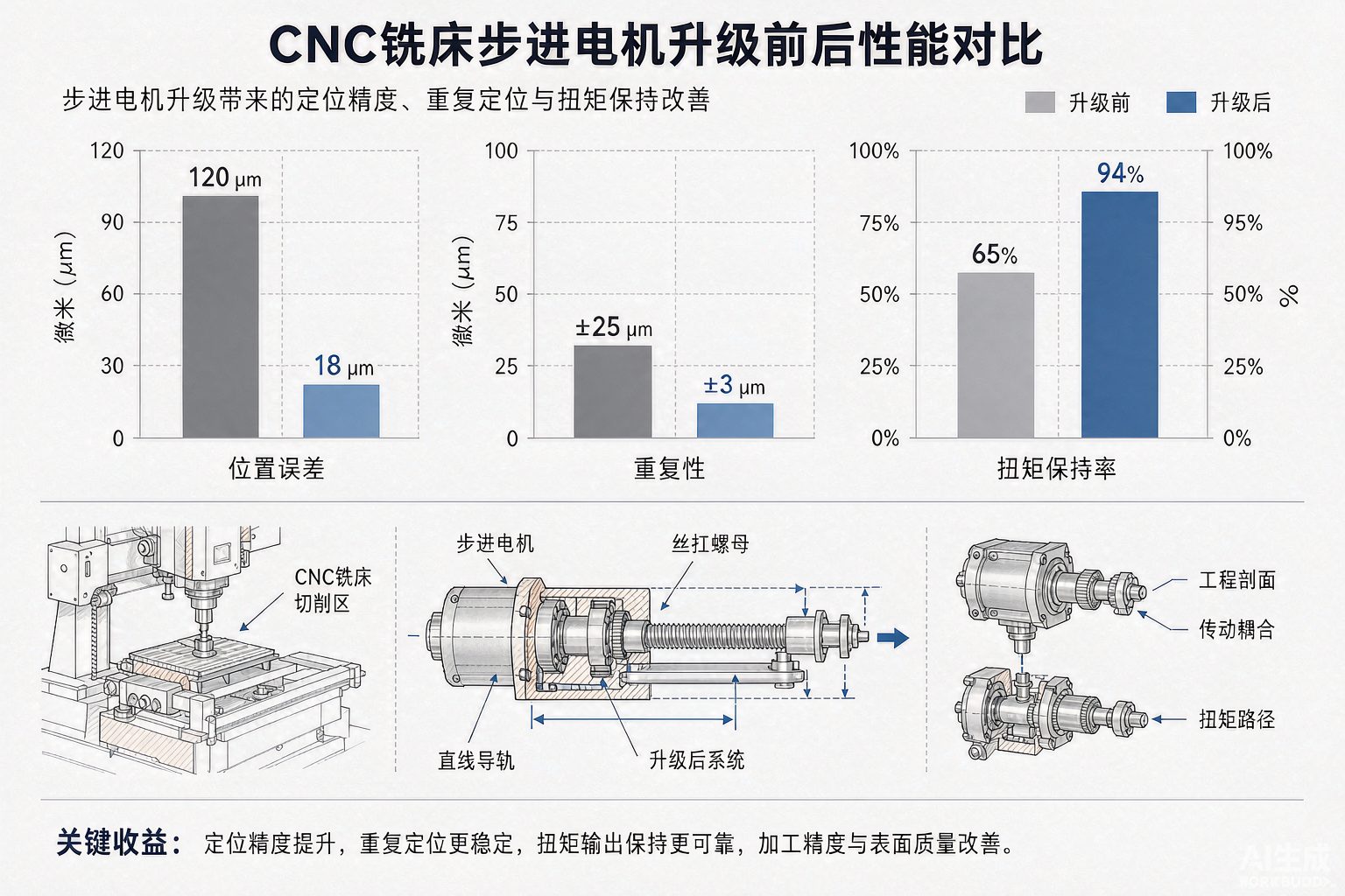 Bar chart comparing CNC accuracy improvement before and after stepper motor upgrade, highlighting reduced positional error and higher torque retention.