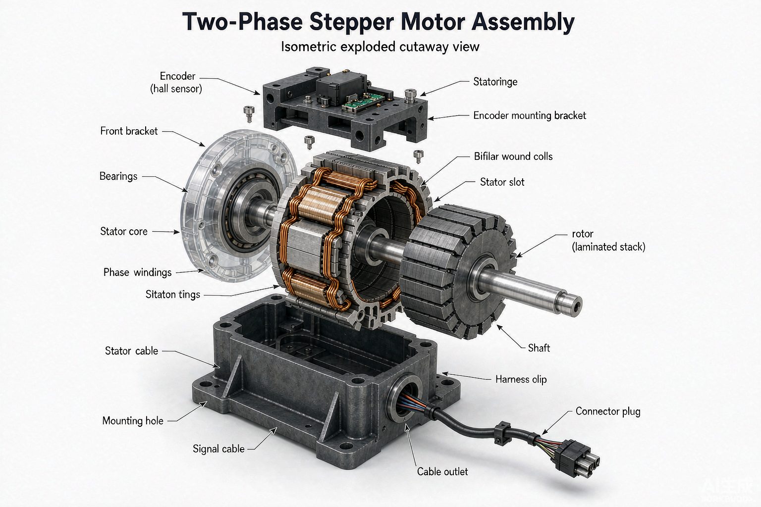 Exploded view of a two-phase stepper motor highlighting stator windings, rotor, and encoder interface for motion control motor applications.