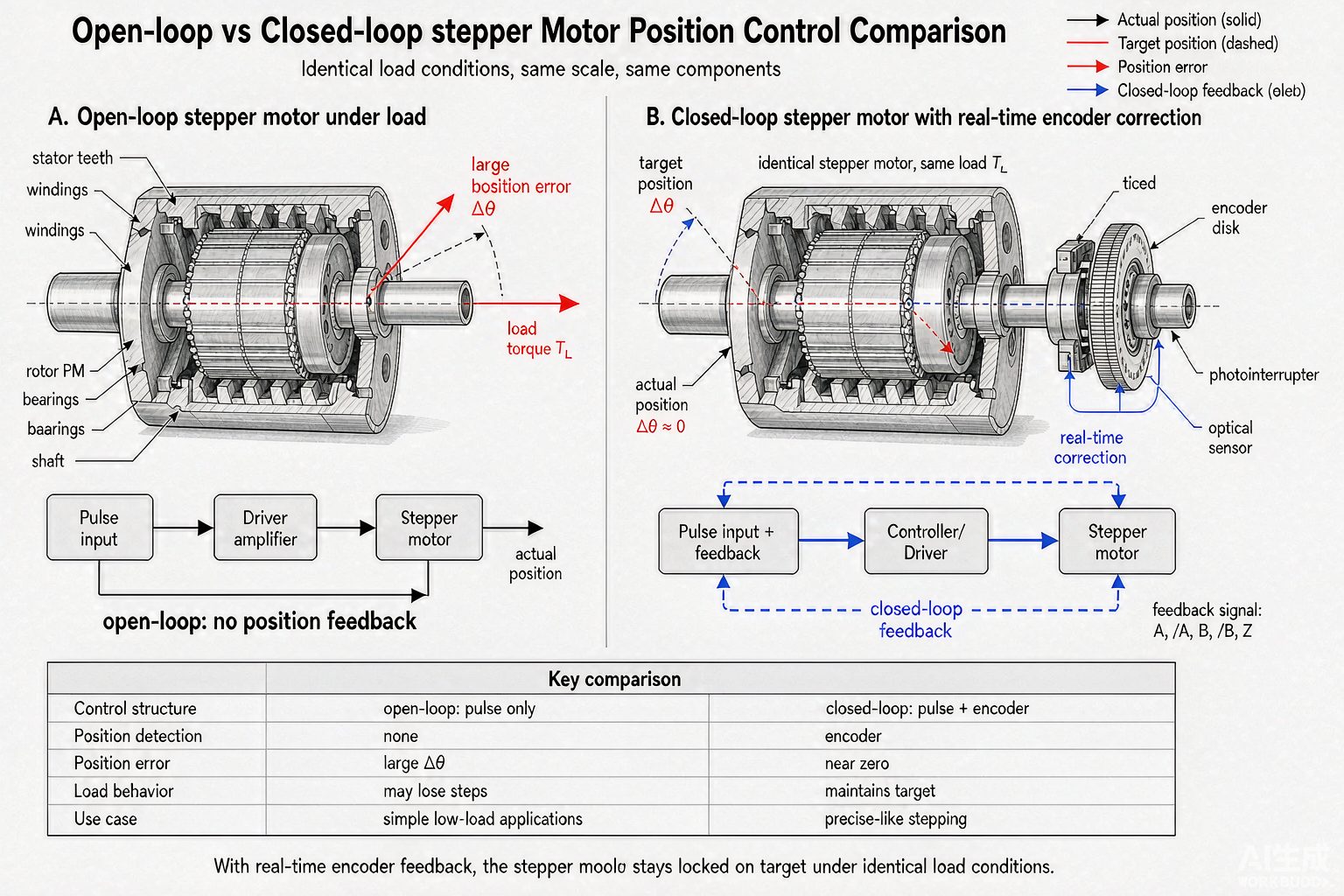 Comparison diagram showing how a stepper motor with encoder eliminates positional drift in precision automation motor applications.